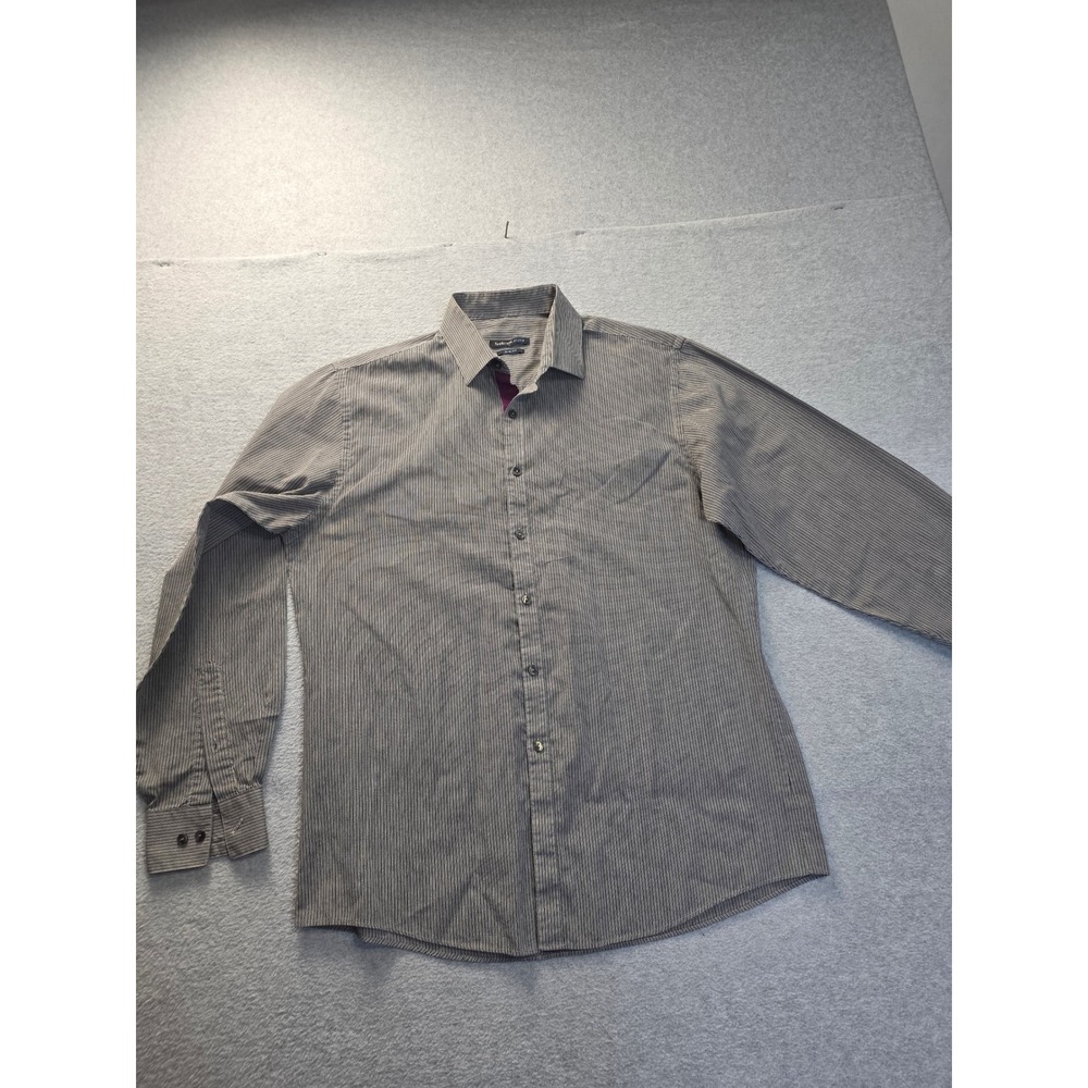 Van Heusen Studio Mens Slim‎ Fit Button Down Shirt Grey Striped Long Sleeve L